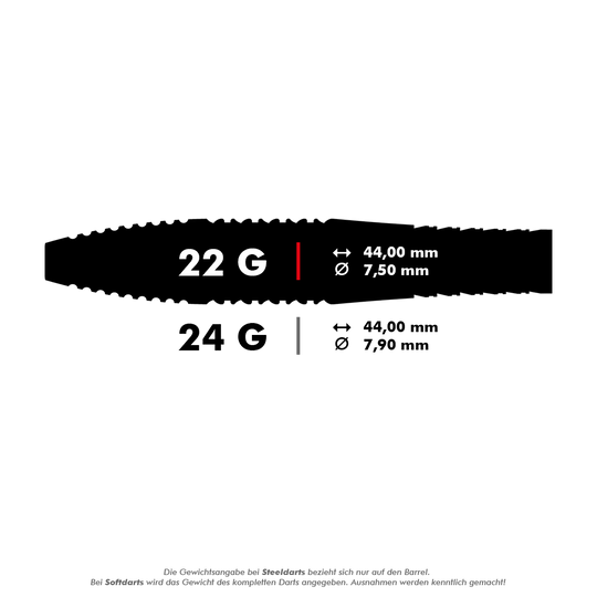 190063_Target_Bolide_05_Swiss_Point_Steeldarts_5_22g Das Bild zeigt die Maße der Target Bolide 05 Swiss Point Steeldarts. Die Darts sind in 22 g (44,00 mm lang, 7,50 mm Durchmesser) und 24 g (44,00 mm lang, 7,90 mm Durchmesser) erhältlich.