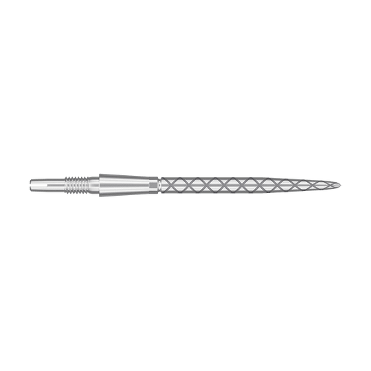 Target Swiss Storm Diamond Point Dart Tips - Silver Das Bild zeigt eine silberne Dartspitze mit einem rautenförmigen Muster. Die Spitze ist lang und schmal, mit feinen Rillen für besseren Halt.