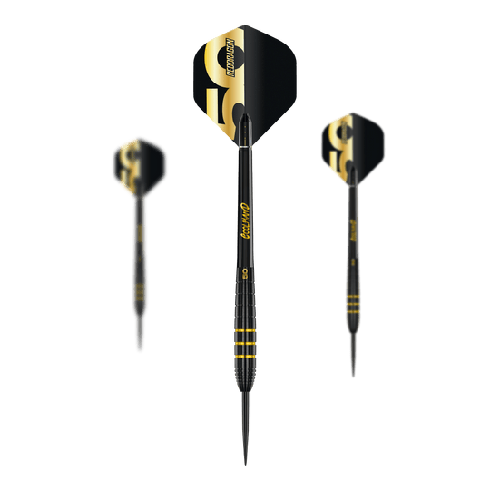 Abgebildet ist der Red Dragon Luke Humphries 50 Years Player Limited Edition Steeldarts - 22g. Dies ist ein spezielles Dart-Set zum Jubiläum des Spielers.