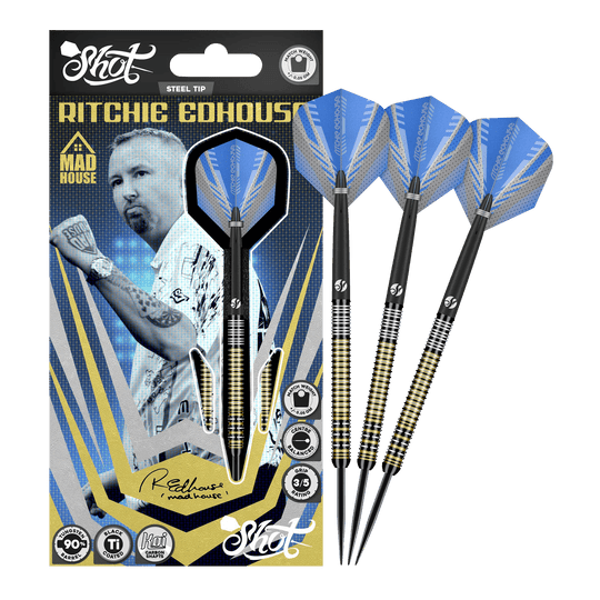 Das Bild zeigt die Shot Ritchie Edhouse Madhouse Steeldarts in voller Ansicht. Diese Darts zeichnen sich durch ihr einzigartiges Design aus.