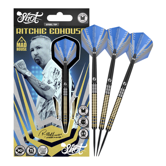 Shot Ritchie Edhouse Madhouse steel darts Das Bild zeigt die Shot Ritchie Edhouse Madhouse Steeldarts in voller Ansicht. Diese Darts zeichnen sich durch ihr einzigartiges Design aus.