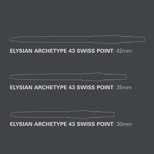 Target Elysian Archetype 43 Swiss Point Steel Dart Tips - Silver Target Elysian Archetype 43 Swiss Point Steeldartspitzen in Silber. Das Bild zeigt hochwertige Dartspitzen für Steel-Darts.