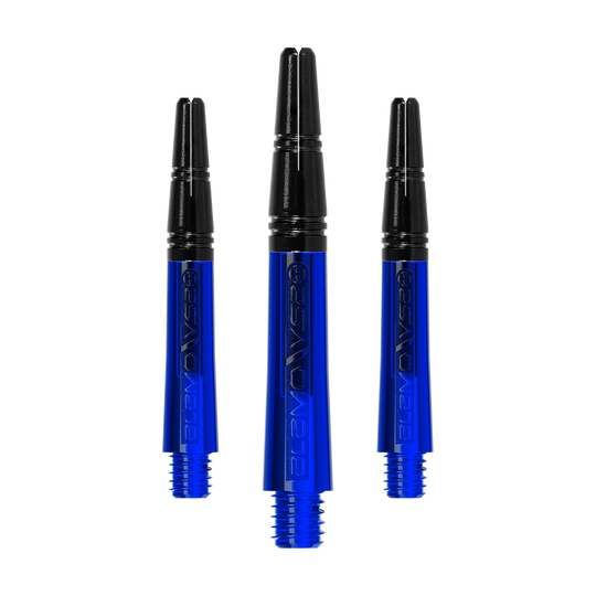 Harrow's Alamo VS2 Shafts - Blue Das Bild zeigt drei blaue Dartschäfte mit schwarzem oberen Teil. Sie sind nebeneinander angeordnet und haben ein glänzendes Design.