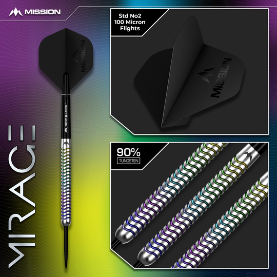 Mission Mirage Steeldarts sind präzise gefertigte Steeldarts. Das Foto zeigt das Produkt in Detailansicht.