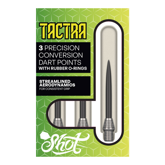 Shot Tactra Conversion Points - 34mm Hier sieht man die Shot Tactra Conversion Points - 34 mm. Sie bieten eine praktische Lösung für Dartspieler, die flexibel wechseln möchten.
