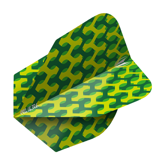 Das Bild zeigt das Produkt "Target ProUltra Fabric Green Ten-X Flights". Die Flügel haben ein grünes Muster mit gelben Akzenten und sind für Dartpfeile bestimmt.