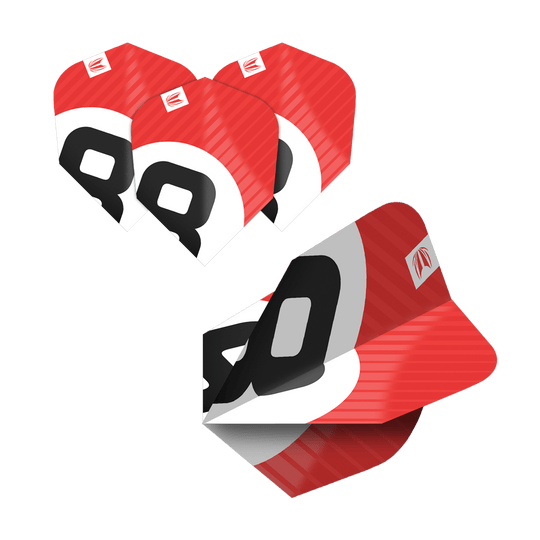 337206_Target_ProUltra_5Sets_Multipack_Chicane_Ten-X_Flights_3eBBUiaZxae2wc Das Bild zeigt fünf Sets der Target Pro Ultra Chicane Multipack Ten-X Dartflights. Die Flights sind rot, schwarz und weiß gestaltet und tragen eine auffällige Nummer 80.