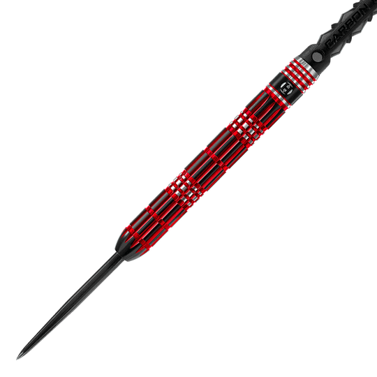 HA33577_Harrows_Red_Horizon_Steeldarts_2 Dies ist ein Steeldart mit einer schwarzen und roten Musterung am Griff. Die Spitze ist aus Metall und der Griff hat ein geripptes Design für besseren Halt.