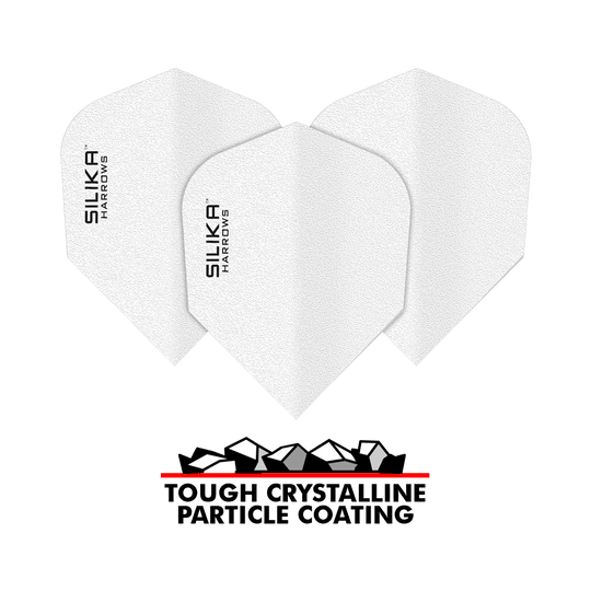 Harrows Silica Solid Tough Crystalline Coating White No6 Flights Das Bild zeigt drei weiße Dartflights mit der Aufschrift "SILIKA HARROWS". Darunter steht "TOUGH CRYSTALLINE PARTICLE COATING" zusammen mit einer grafischen Darstellung von Kristallen.