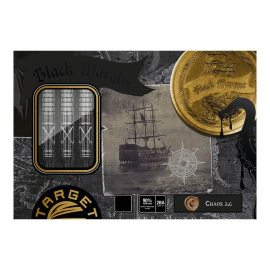 Das Bild zeigt die Verpackung der "Target Japan Black Marque Chaos 2 Softdarts - 19g". Auf der Verpackung sind drei Darts, ein altes Segelschiff und ein goldener Münzaufdruck zu sehen.