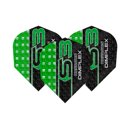 Harrows Dimplex S3 Flights - Green Mehrere Harrows Dimplex S3 Flights - No6 liegen als Set nebeneinander. Die Flächen sind gleichmäßig geformt.