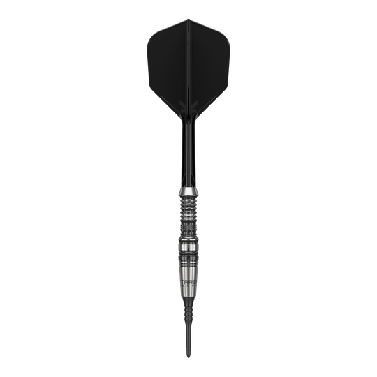 Target Japan Black Marque Heracles Soft Darts - 18g Das Bild zeigt einen Softdart der Marke 'Target Japan Black Marque Heracles' mit einem Gewicht von 18g. Der Dart hat ein elegantes Design mit schwarz-silbernem Barrel und schwarzer Spitze sowie Flight.