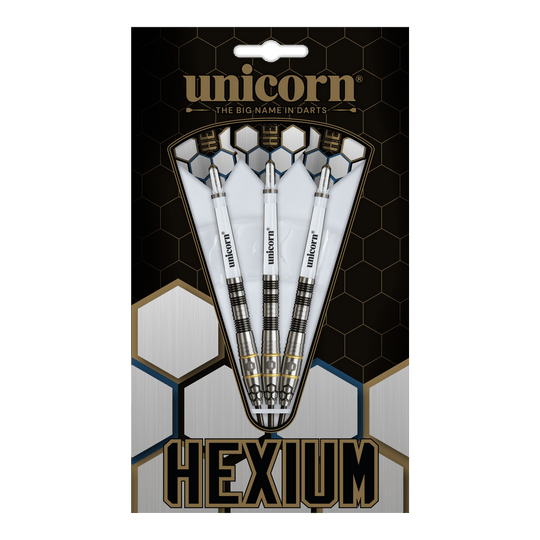 Unicorn Hexium Style 01 Black & Gold Steeldarts Unicorn Hexium Style 01 Black & Gold Steeldarts sind auf diesem Bild abgebildet. Die Abbildung zeigt die schwarzen und goldenen Steeldarts in Nahaufnahme.