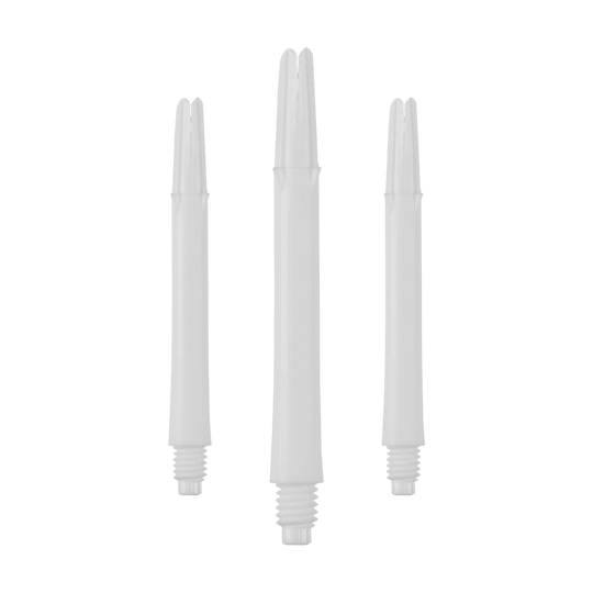 L-L-Style-Shafts Locked Straight - White Das Bild zeigt drei weiße, gerade Dartschäfte mit Gewinde. Sie stehen aufrecht und sind ohne Kappen dargestellt.