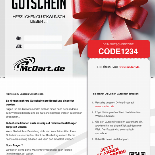 Voucher - Red Ribbon Das Bild zeigt einen Geschenkgutschein von McDart.de mit einer großen roten Schleife. Rechts befindet sich ein Feld mit einem Gutscheincode und einer Anleitung zur Einlösung des Gutscheins.