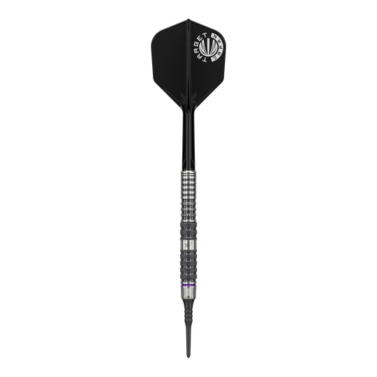 Target Japan Yuta Hayashi Sirius GEN3 Soft Darts - 19g Das Bild zeigt einen Softdartpfeil mit schwarzem Flight und silbernem, strukturiertem Barrel. Es handelt sich um das Modell "Target Japan Yuta Hayashi Sirius GEN3 Softdarts - 19g".