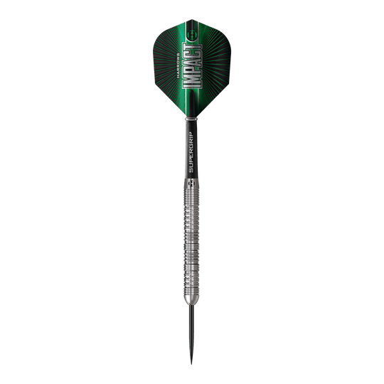 Das Bild zeigt Harrows Impact Steeldarts. Die Darts sind modern gestaltet und für Steeldart-Wettkämpfe geeignet.