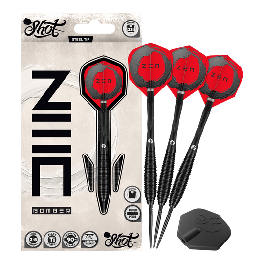 Auf dem Foto ist das Set Shot ZEN Bomber Turbo Point Steeldarts vollständig abgebildet. Dieses Set enthält alle notwendigen Darts für das Spiel.