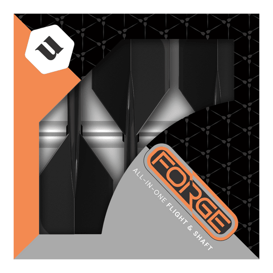 Unicorn Forge All In One Plus No2 Standard Flights Black - Medium Das Bild zeigt die Verpackung der „Unicorn Forge All In One Plus No2 Standard Flights Schwarz - Medium“. In der Packung sind schwarze Dart-Flights und -Shafts zusammen als Set zu sehen.