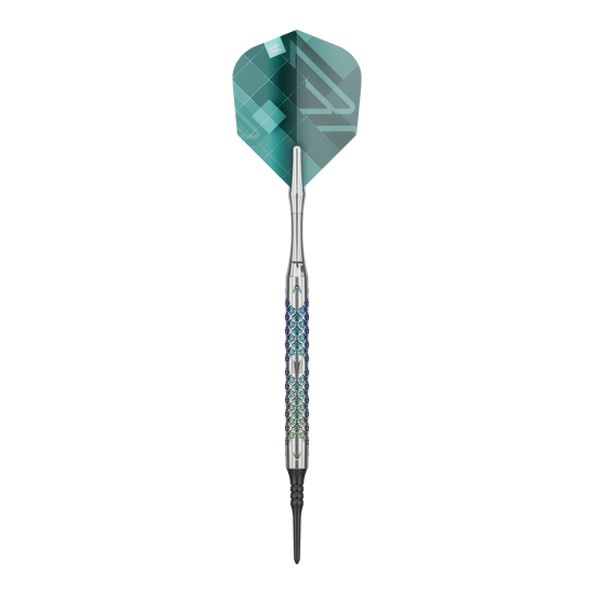 Target Rove 10 Soft Darts Das Bild zeigt einen einzelnen Softdart der Marke Target Rove 10. Der Dart hat ein silbernes Griffstück mit farbigen Akzenten und grüne Flights.