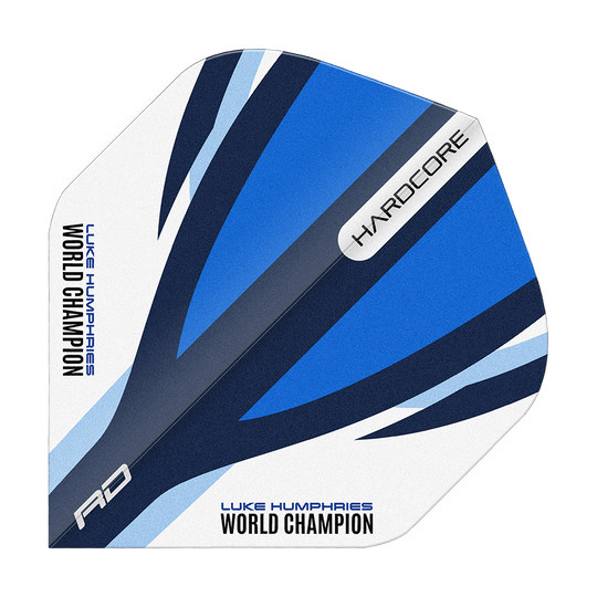 Red Dragon Hardcore Luke Humphries Blue White Standard Flights Das Bild zeigt einen Dart-Flight in den Farben Blau, Weiß und Schwarz mit dem Aufdruck "LUKE HUMPHRIES WORLD CHAMPION". Auf dem Flight stehen außerdem die Wörter "HARDCORE" und "RD".