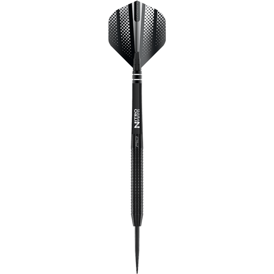 Red Dragon Razor Edge Black steel darts Das Bild zeigt einen schwarzen Steeldart mit dem Namen "Red Dragon Razor Edge". Der Dart hat ein modernes Design mit geriffeltem Griff und schwarzer Spitze.