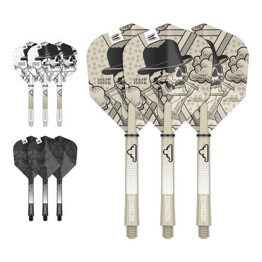 Target Ink Flight Shaft Kit Dimitri Van Den Bergh Auf dem Bild sind drei Dartflights mit Schädel- und Hutdesign sowie der Aufschrift "Dream Maker" zu sehen. Zusätzlich gibt es zwei weitere Sätze Flights in verschiedenen Farben, jeweils mit passenden Shafts.