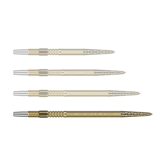 Target Swiss Point DX dart tips - gold Auf dem Bild sind vier goldfarbene Dartspitzen mit silbernem Ansatz zu sehen. Die Spitzen haben ein feines, rautenförmiges Muster am vorderen Ende.