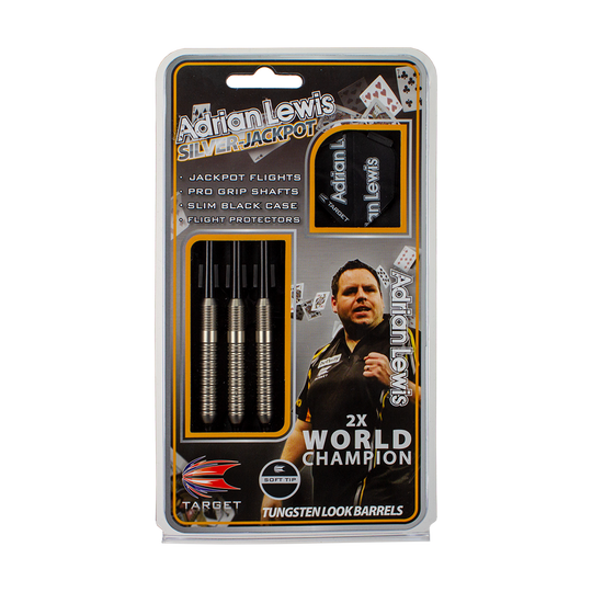 Das Bild zeigt das Produkt "Target Adrian Lewis Silver Jackpot Softdarts - 18g" in seiner Verpackung. Auf der Verpackung sind drei Dartpfeile, Zubehör sowie ein Bild eines Dartspielers abgebildet.
