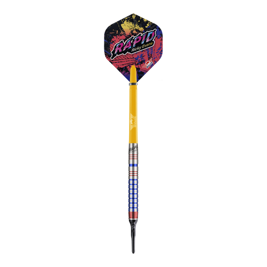 Das Bild zeigt einen Softdart aus der Serie "Bulls NL Ricky Evans Rapid Edition One" mit einem Gewicht von 20 Gramm. Der Dart hat bunte Akzente, einen gelben Schaft und eine auffällige Flights mit dem Schriftzug "RAPID Ricky Evans".