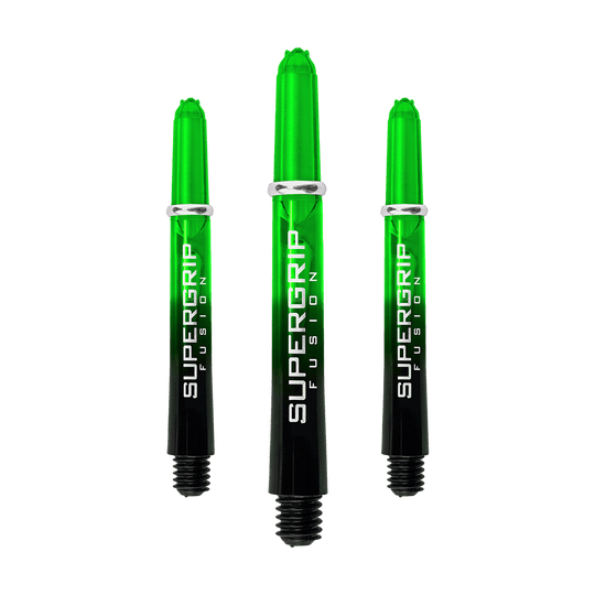 Das Bild zeigt drei grüne Harrows Supergrip Fusion Shafts. Die Shafts sind schwarz und grün mit weißer Aufschrift.