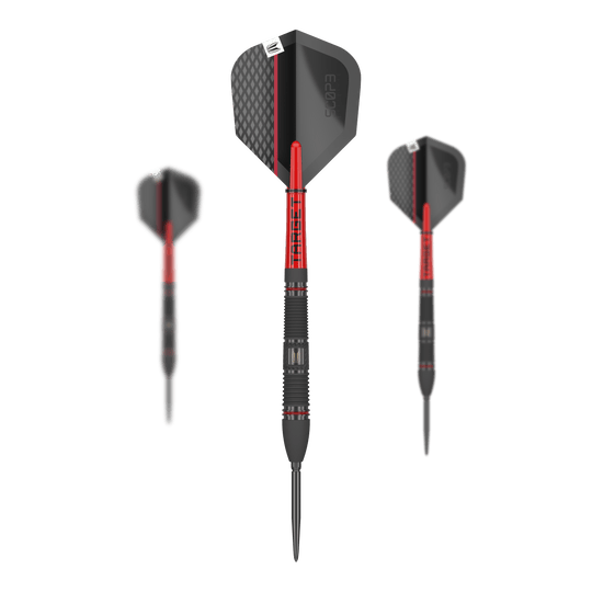 Target Scope 02 Swiss Point steel darts Auf dem Bild sind drei Target Scope 02 Swiss Point Steeldarts zu sehen. Die Darts haben ein modernes Design in Schwarz und Rot mit strukturierten Flights.