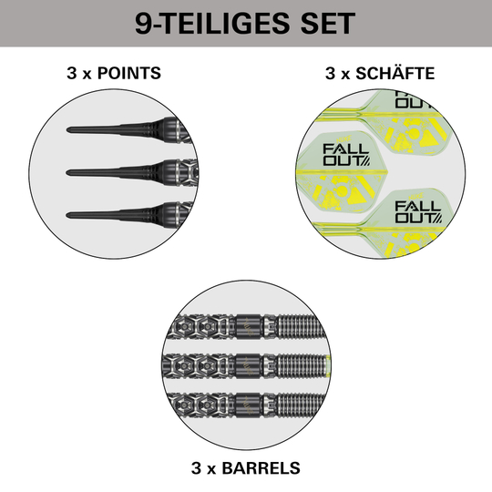 Target Luke Littler Nuke Fallout Soft Darts - 19g Zu sehen ist das Produkt Target Luke Littler Nuke Fallout Softdarts - 19g. Die Aufnahme zeigt Details des Softdarts.