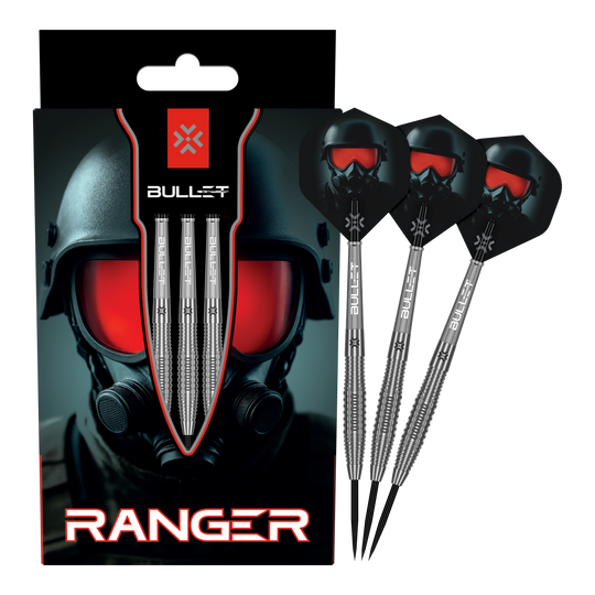Bullet Ranger steel darts Auf dem Bild ist das vollständige Set der Bullet Ranger Steeldarts zu sehen. Die Steeldarts werden für Präzisionswürfe verwendet.