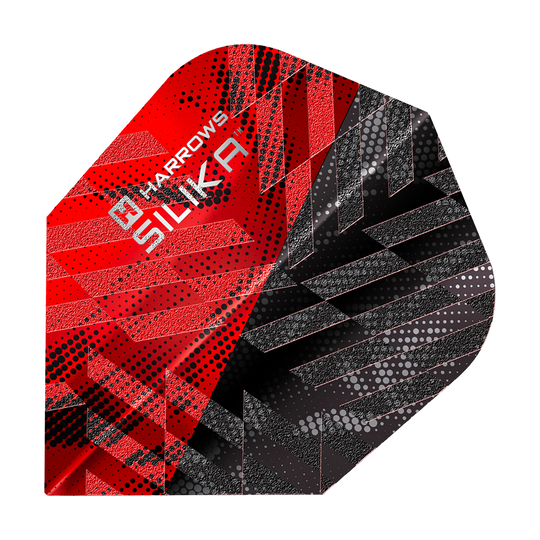 Harrows Silika Core 90 No6 Flights in Rot. Die Dart-Flights werden flach präsentiert.