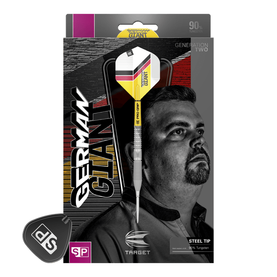 Target Gabriel Clemens GEN2 Swiss Point steel darts Auf der Verpackung ist ein Steeldart mit gelbem, weißem und schwarzem Design abgebildet. Im Hintergrund sieht man das Porträt eines Mannes sowie den Schriftzug „GERMAN GIANT“.