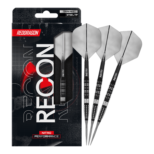 Red Dragon Recon Tapered Steeldarts. Das vollständige Set der Steeldarts wird auf dem Bild präsentiert.