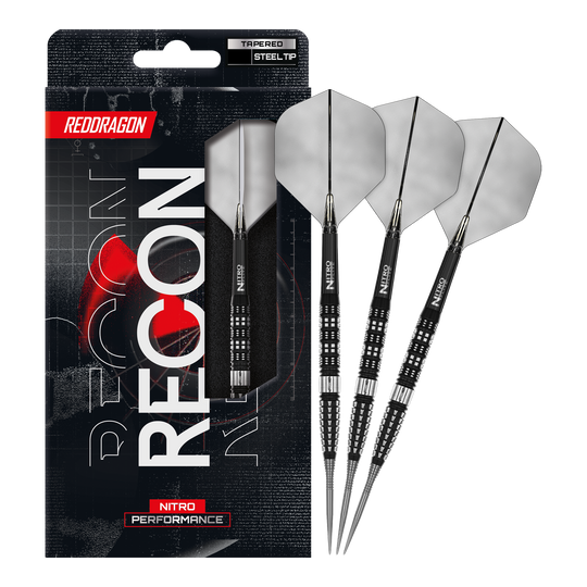 Red Dragon Recon Tapered Steel Darts Red Dragon Recon Tapered Steeldarts. Das vollständige Set der Steeldarts wird auf dem Bild präsentiert.