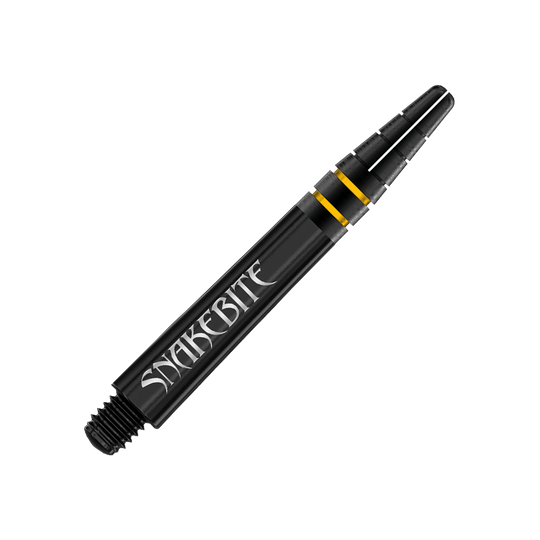 Das Bild zeigt einen schwarzen Dart-Schaft mit der Aufschrift „SNAKEBITE“. Der Schaft hat zwei goldene Ringe als Akzent.
