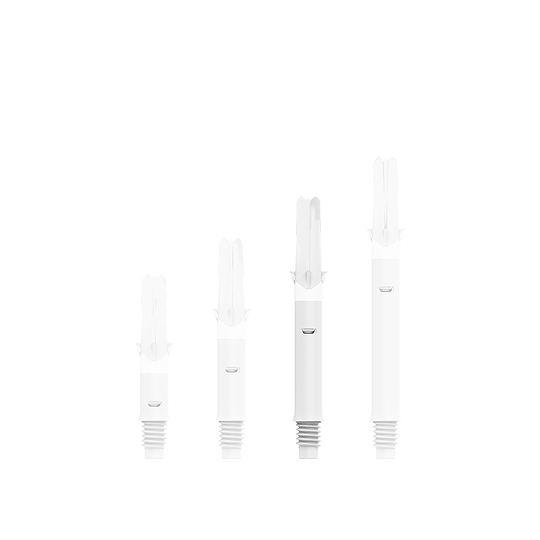 L-L-Style-Shafts Silent Straight - White Auf dem Bild sind vier weiße Dartschäfte in unterschiedlicher Länge zu sehen. Sie sind nebeneinander in einer Reihe angeordnet und besitzen ein Gewinde am unteren Ende.