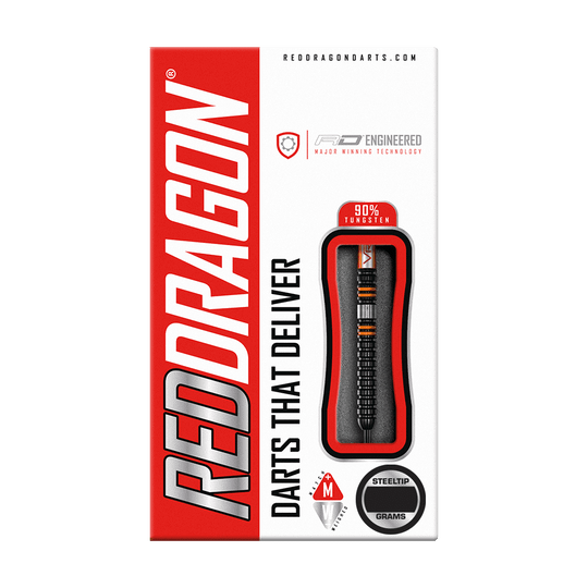 RD2527_Red_Dragon_Amberjack_Pro_1_Steeldarts_3 Die Abbildung zeigt die Verpackung der "Red Dragon Amberjack Pro 1 Steeldarts". Die Box ist rot-weiß gestaltet und hebt die 90% Tungsten-Steel-Darts hervor.