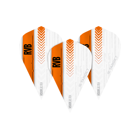 Das Bild zeigt drei Target Vision Ultra RvB Orange Vapor Flights. Die Flights sind überwiegend weiß mit einem orangefarbenen Streifen und der Aufschrift "RVB".