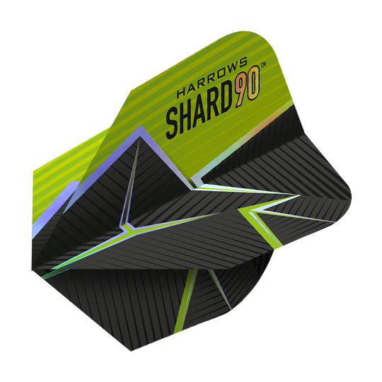 Harrows Prime Shard No6 Flights Das Bild zeigt das Produkt "Harrows Prime Shard No6 Flights". Die Flights haben ein modernes Design in Schwarz mit grünen und gelben Akzenten sowie geometrischen Mustern.