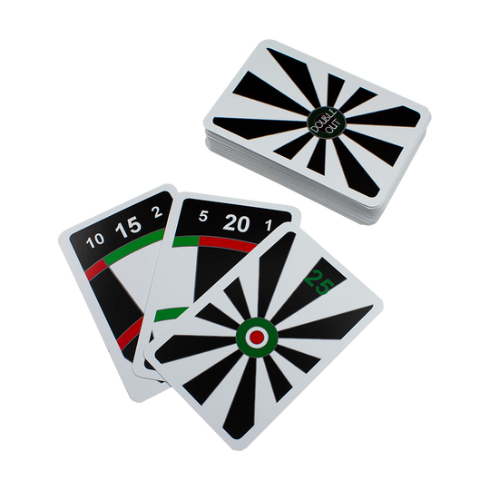 5172_McDart_Double_Out_Darts_Card_Game_2 Das Bild zeigt das Kartenspiel "McDart Double Out Darts Card Game". Auf den Spielkarten sind Dart-Zahlen und Dartboard-Grafiken abgebildet.