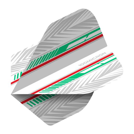 Pentathlon Flights white/green/red Das Bild zeigt ein Dart-Flight mit einem Muster aus weißen, grünen und roten Linien. Auf dem Flight steht die Aufschrift „100 MICRON“.