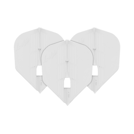 L-Style KAMI L3KPRO Flights Auf dem Bild sind drei weiße Dartflights der Marke L-Style zu sehen. Sie sind nebeneinander angeordnet und haben eine standardisierte Form.