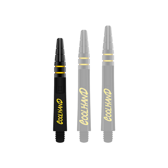 Red Dragon Nitrotech Luke Humphries Coolhand Shafts - Black Das Bild zeigt drei schwarze Dartschäfte mit gelber Schrift, auf denen "COOLHAND" steht. Die Schäfte haben gelbe Ringe und sind 36 mm lang.