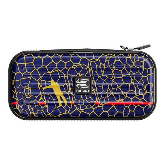 Target Takoma Josh Rock dart case Das Bild zeigt ein Dartcase namens "Target Takoma Josh Rock Dartcase". Das Etui hat ein blaues Muster mit gelben Linien und einem gelben Dartspieler sowie dem Target-Logo in der Mitte.