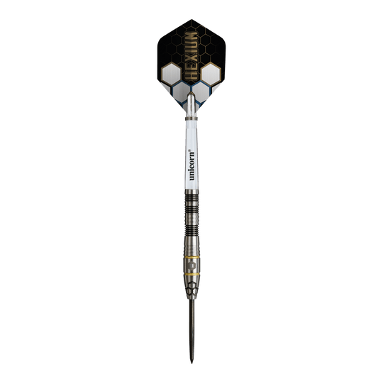 Unicorn Hexium Style 01 Black & Gold Steeldarts Dieses Bild zeigt die Unicorn Hexium Style 01 Black & Gold Steeldarts. Die Steeldarts sind in den Farben Schwarz und Gold gestaltet.