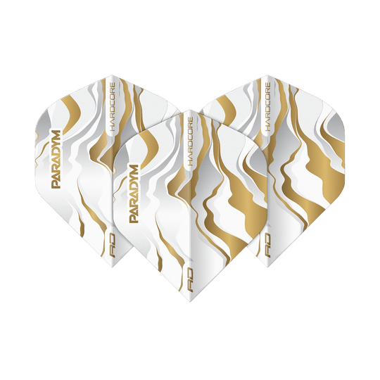 Red Dragon Hardcore Premium Paradym Gold Premium No2 Standard Flights Das Bild zeigt das Set Red Dragon Hardcore Premium Paradym Gold Premium No2 Standard Flights. Die Flights zeichnen sich durch ihr goldfarbenes Design und Premium-Qualität aus.